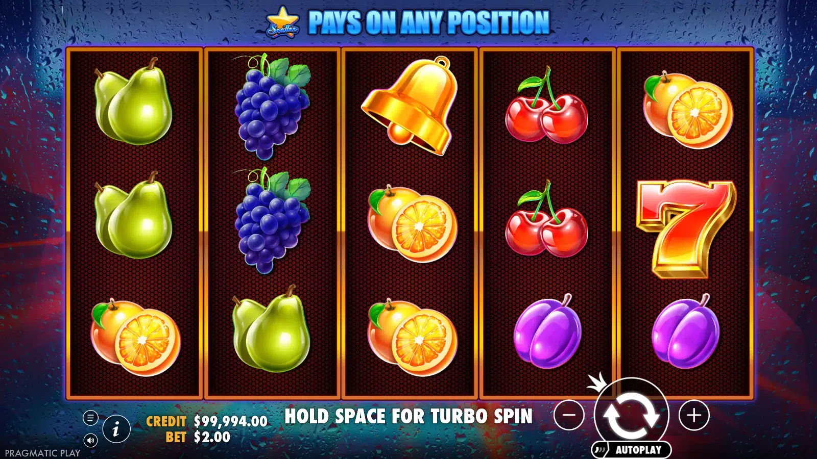 Super 7s reels after a spin showing pears, grapes, oranges, cherries and a red seven