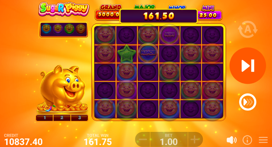 Super Bonus result of 161.75 in Sugar Piggy with the Mini and Minor jackpot coins in the top two rows