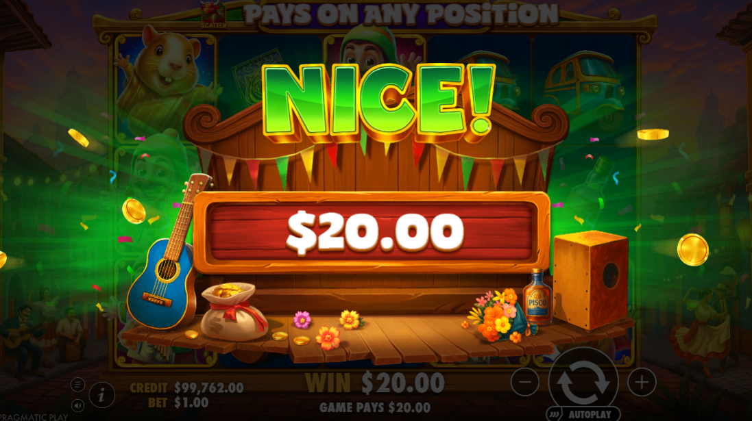 Win screen showing a $20.00 payout from a $1.00 spin on Super Peru Fest.