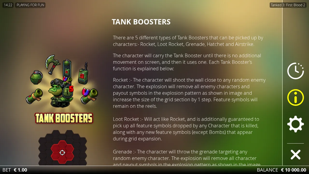 Tanked 3: First Blood 2 rules screen showing the five Tank Boosters and a hexagonal blast pattern