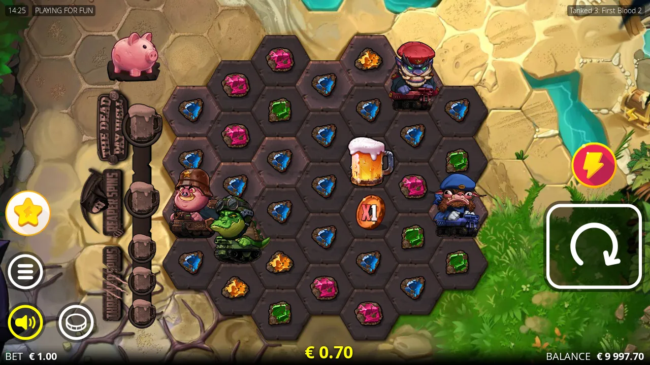 Tanked 3: First Blood 2 hexagonal grid after a collect, with a Coin symbol and a Bonus tankard among the gems