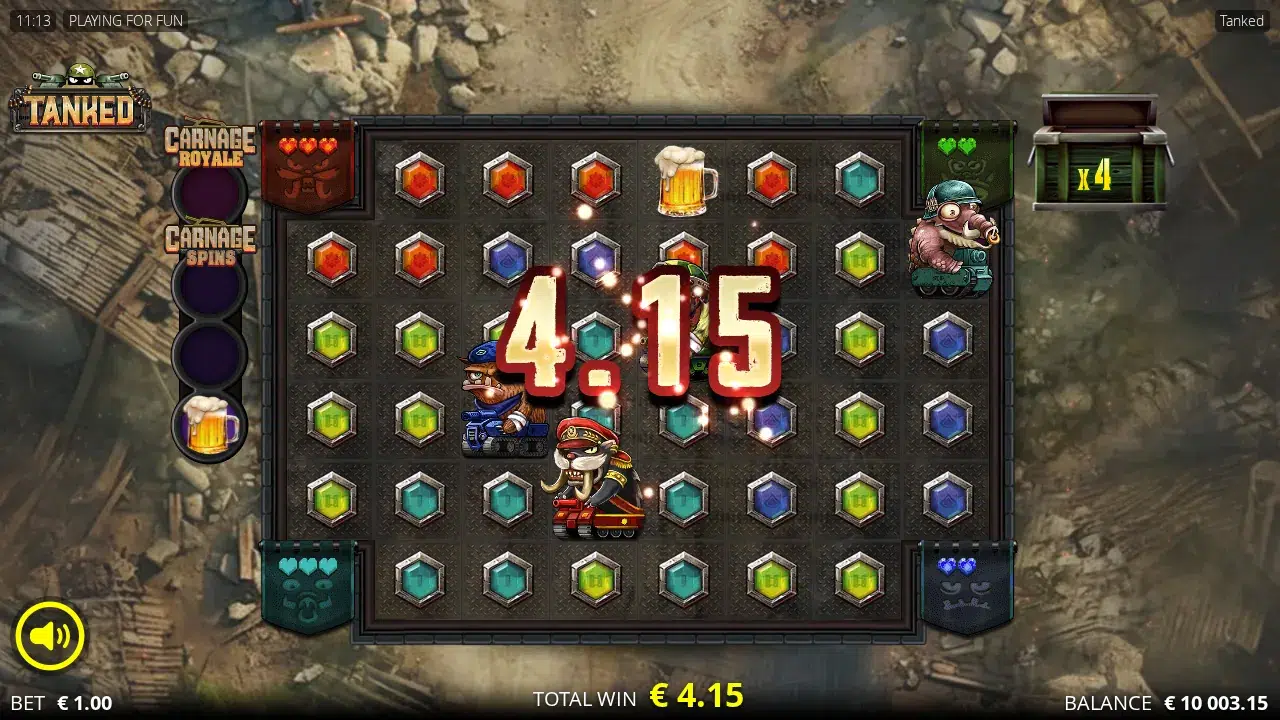 Tanked grid after a win with the multiplier crate on x4 and a Bonus tankard collected into the Carnage Spins meter