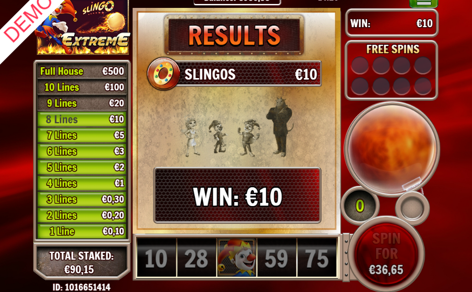 Results screen showing a €10 win after €90.15 staked, the game's characters lined up.