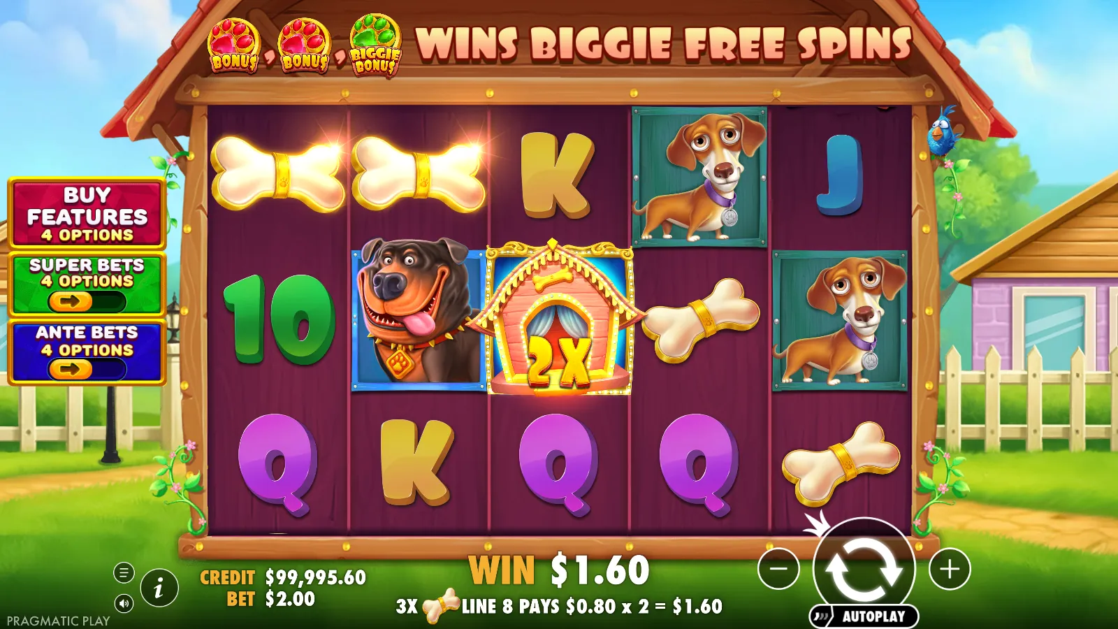 The Big Dog House reels showing a 2X wild on reel 3 and a win readout of 3x bone, line 8 pays $0.80 x 2 = $1.60