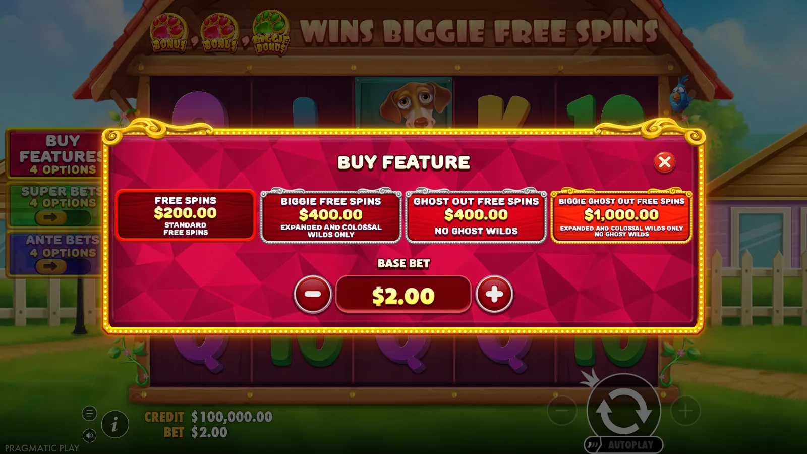 The Big Dog House Buy Feature dialog showing Free Spins, Biggie Free Spins, Ghost Out Free Spins and Biggie Ghost Out Free Spins prices