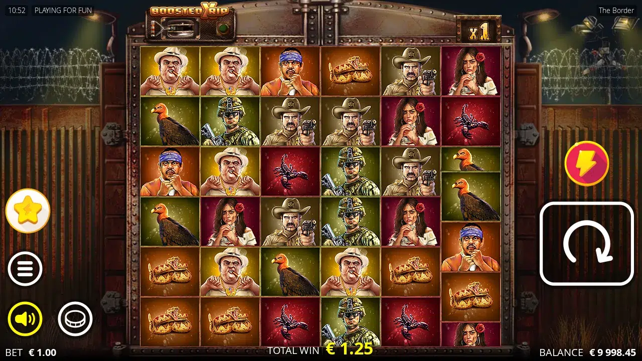 The Border 6x6 board with seven cells on reel 6 and a 1.25x total win