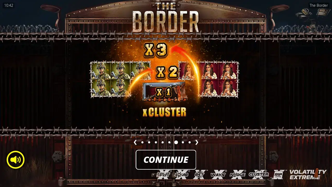 The Border splash screen with xCluster art, soldier and rose clusters and x1, x2 and x3 multipliers