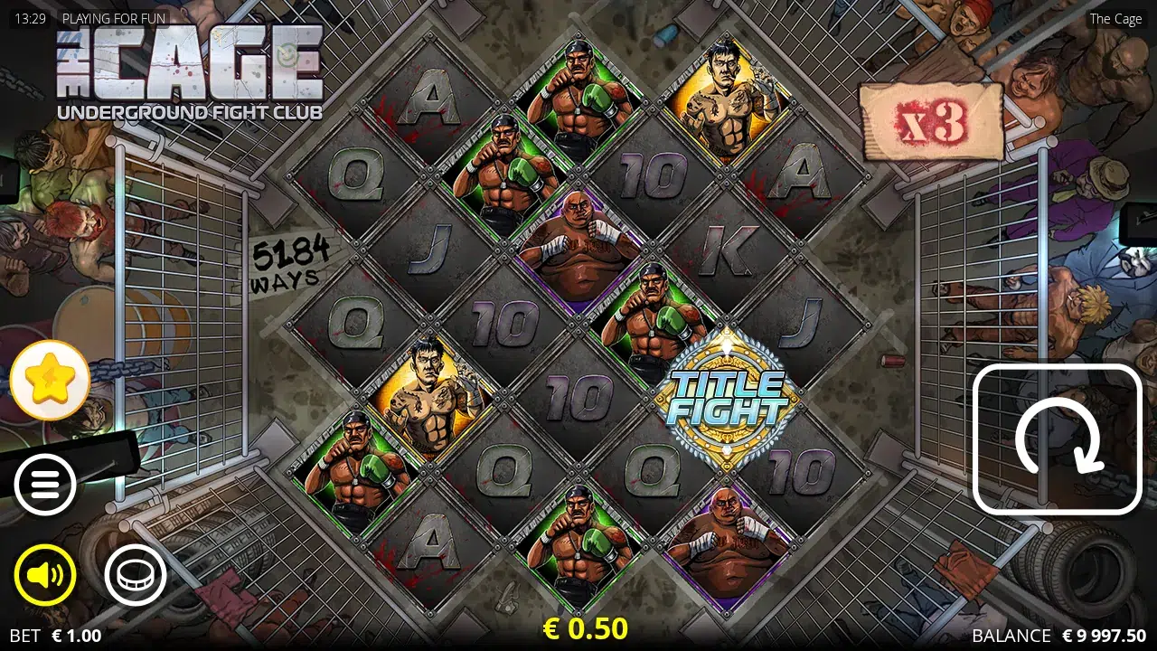 The Cage diamond reel grid mid-round with an x3 multiplier sign and a Title Fight Scatter
