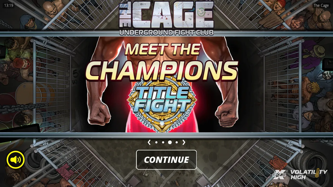 The Cage splash screen showing the Meet the Champions card and the Title Fight belt
