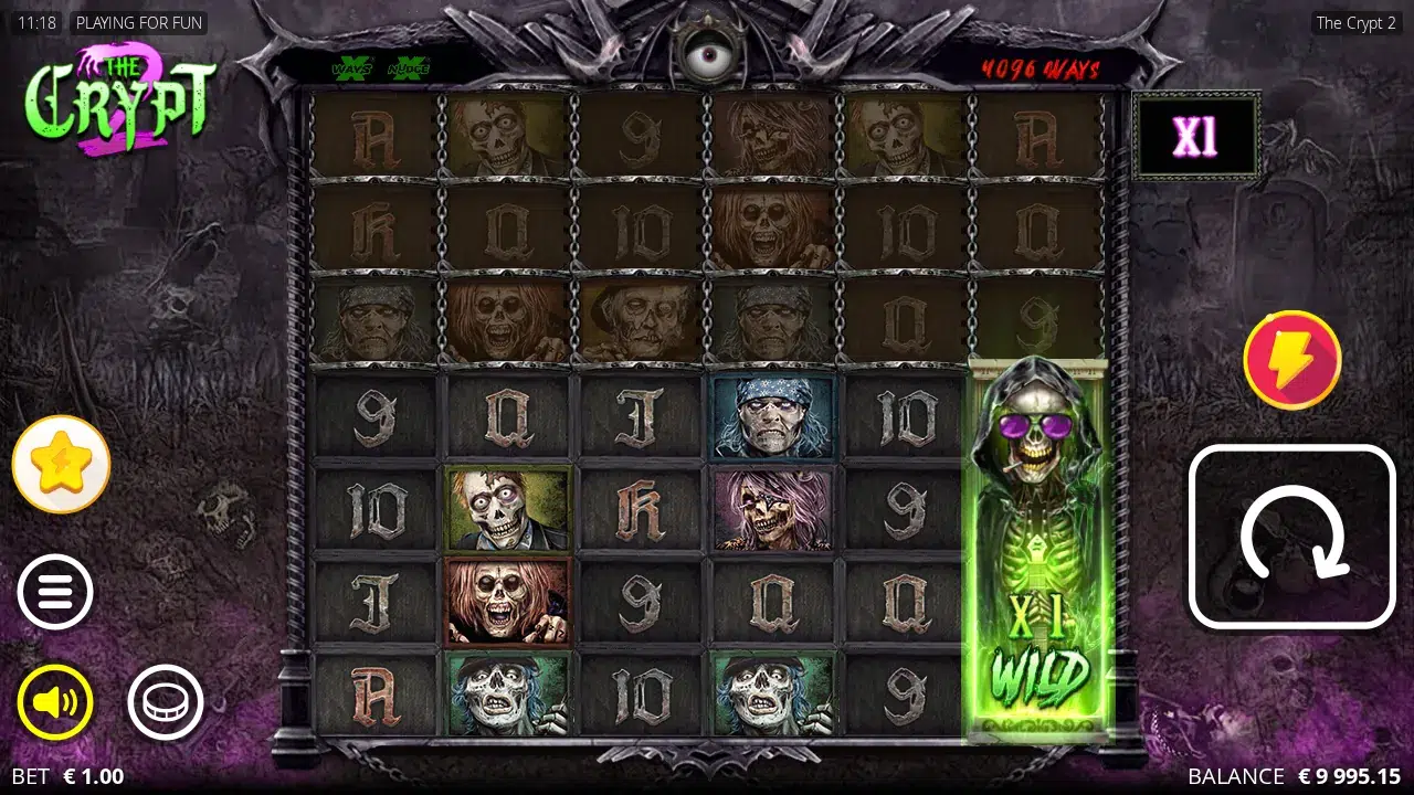 The Crypt 2 reels with a full-height xNudge Wild stacked on reel 6 and the top three rows still chained