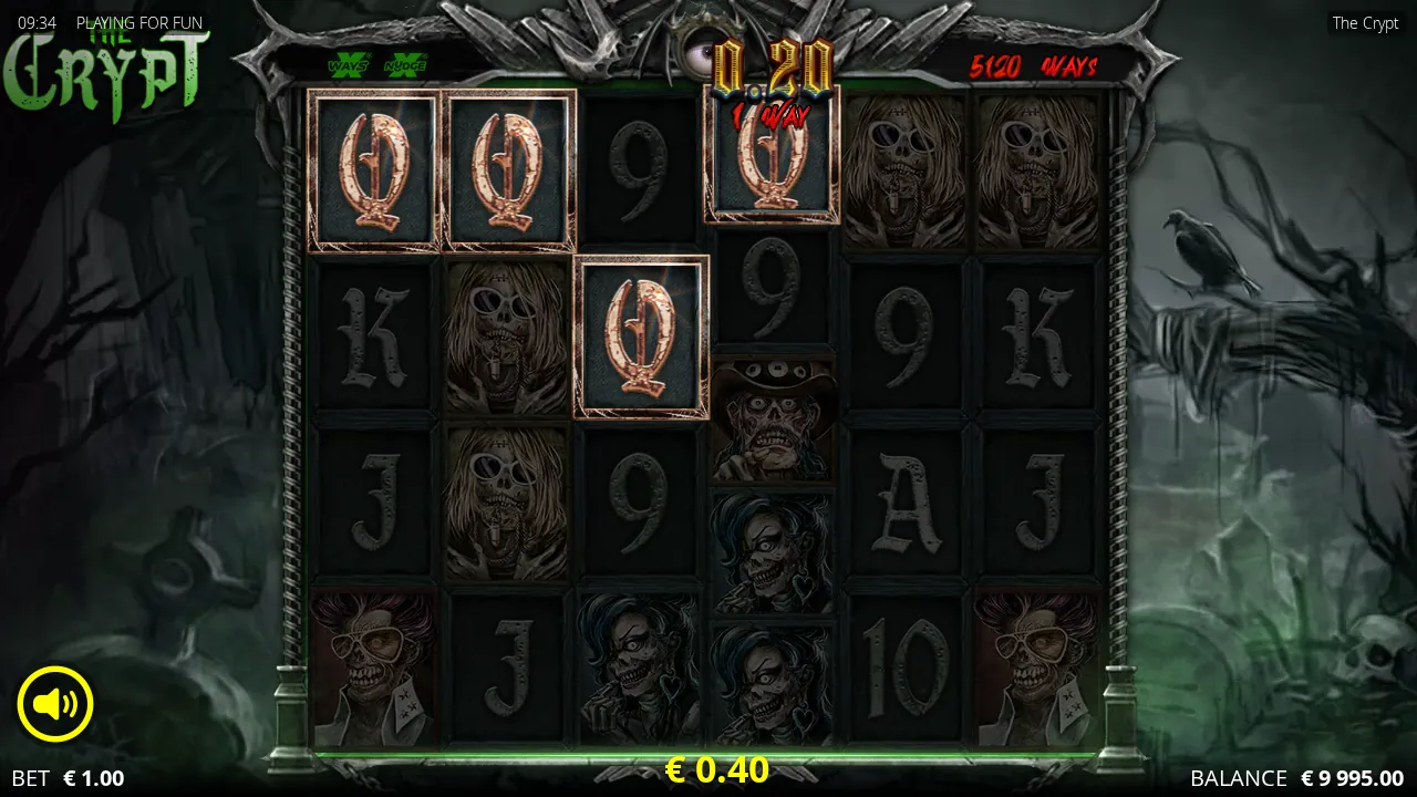 The Crypt reels after a cascade with four Q symbols paying across the first four reels and the header at 5,120 ways