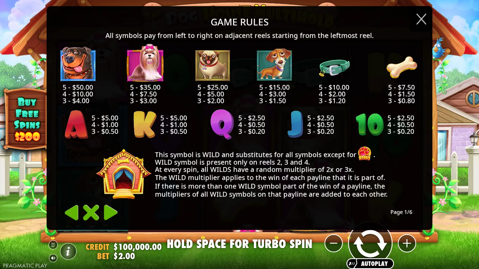 The Dog House Multihold paytable showing dog premiums, royals and the wild rules