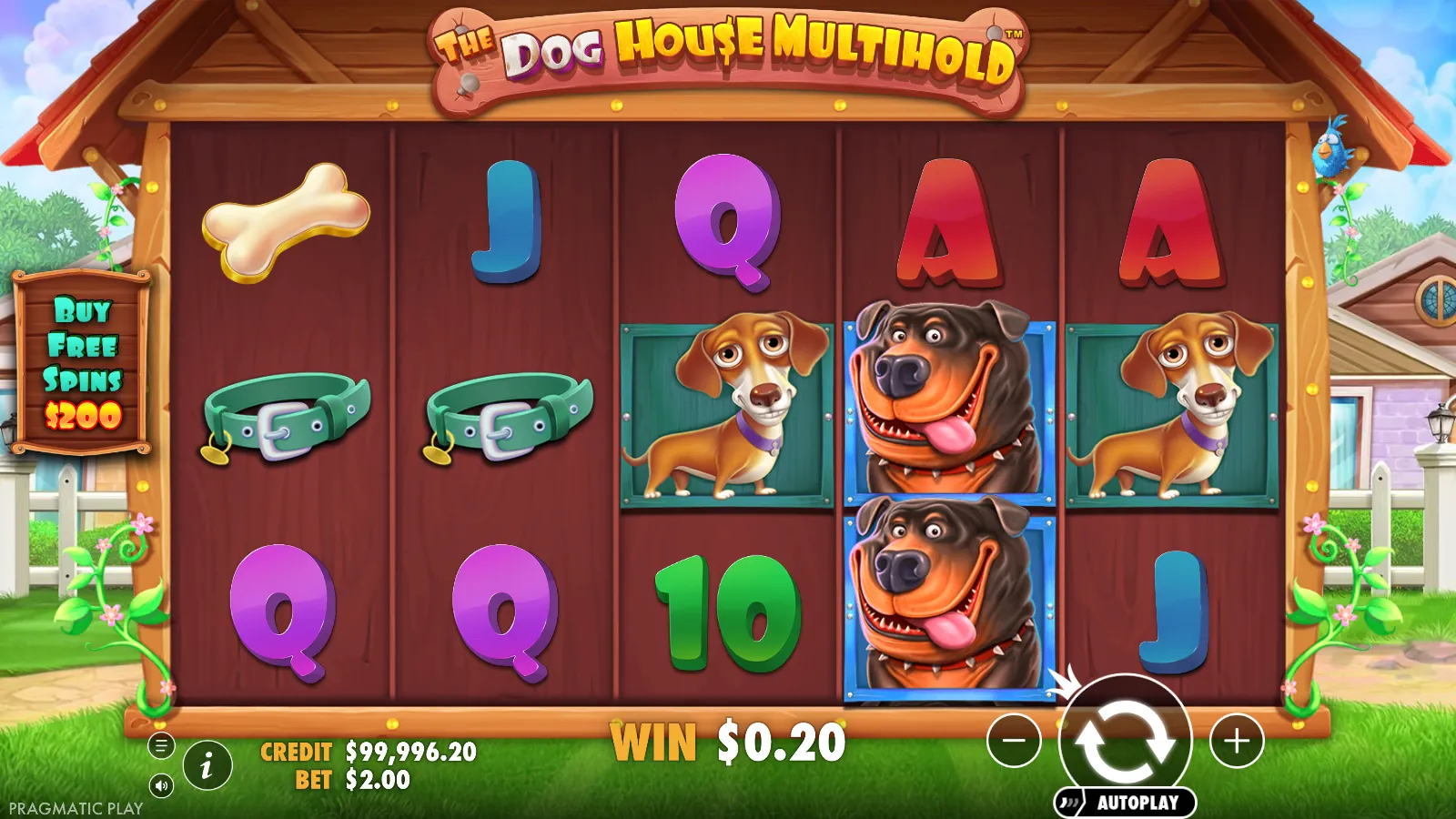 The Dog House Multihold reels with a stacked rottweiler pair on reel 4 and a $0.20 line win showing