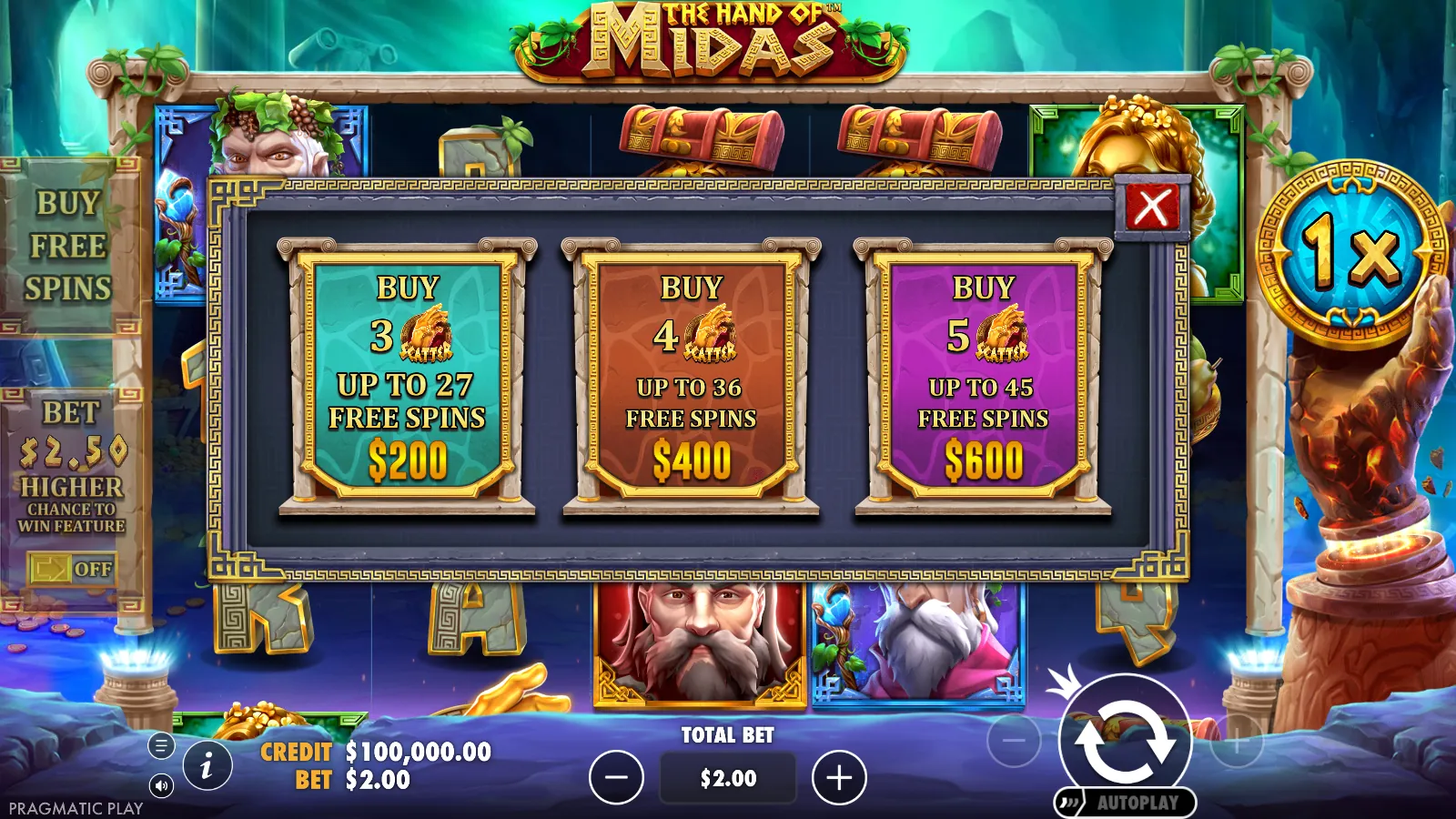 The Hand of Midas Buy Free Spins dialog showing three plaques priced $200, $400 and $600