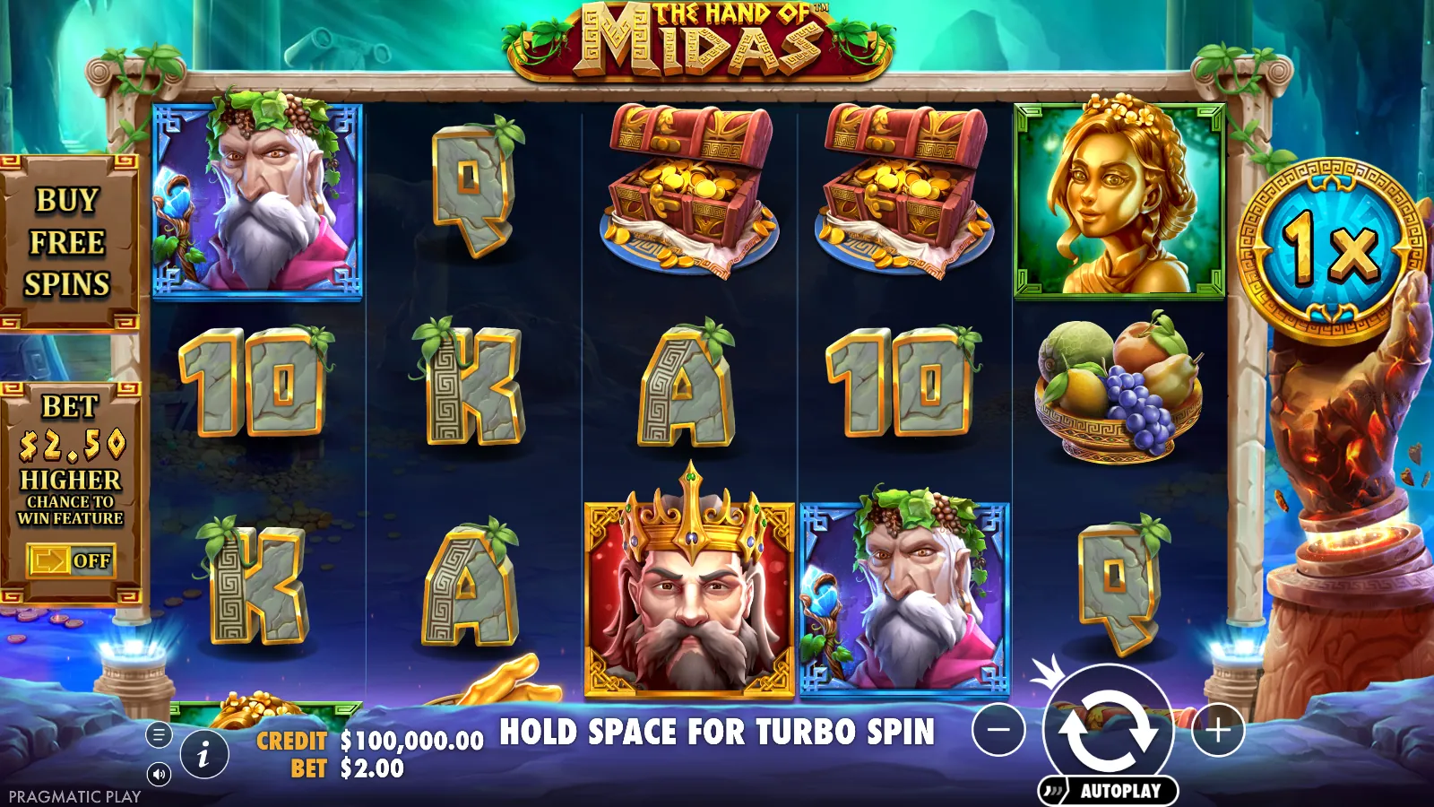 The Hand of Midas 5x3 reels at rest with the Buy Free Spins plaque, the ante toggle and the golden hand holding a 1x multiplier coin