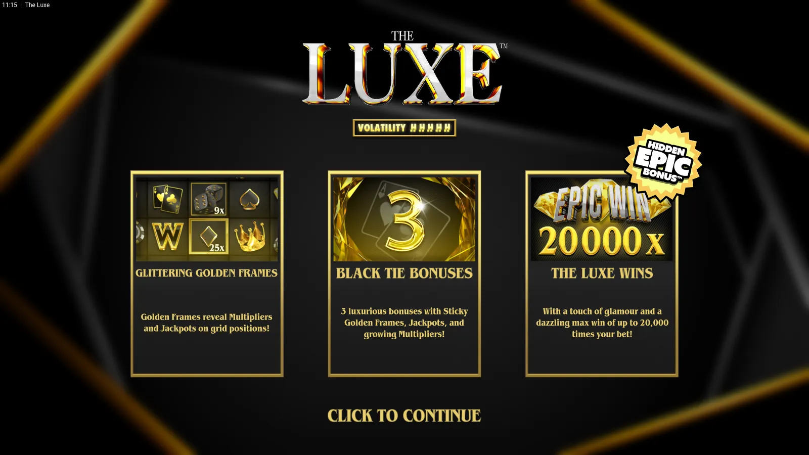The Luxe splash with Golden Frames, bonus and Epic Win cards
