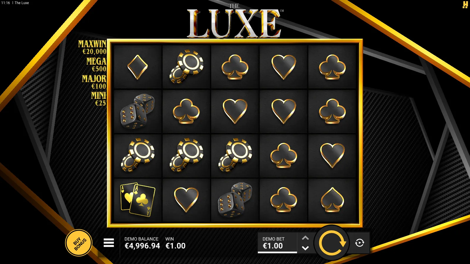 The Luxe reels with three chip stacks on the third row and the Jackpot Board