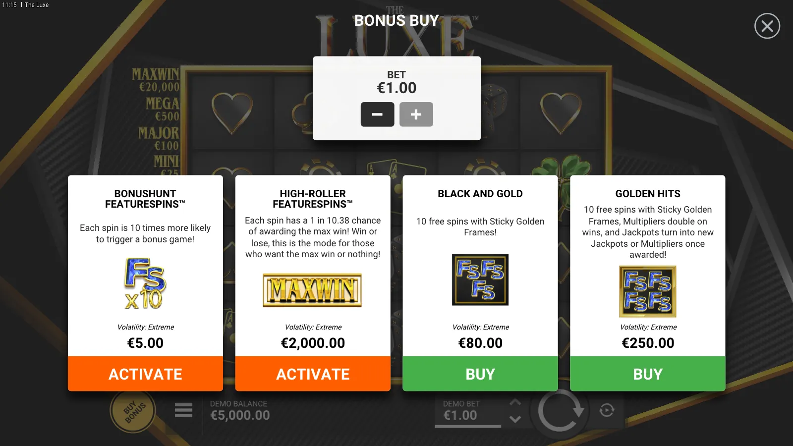 The Luxe bonus buy panel with four options