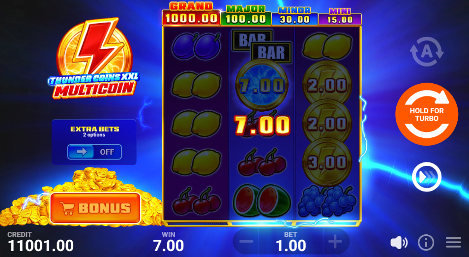 A blue Thunder Coin reading 7.00 on the middle reel beside gold coins of 2.00, 2.00 and 3.00