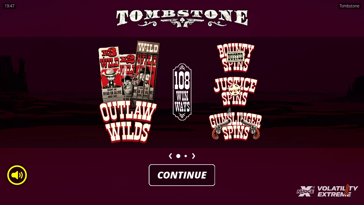 Tombstone splash with x3 and x2 Outlaw Wild posters, a jailed Wild and the three spin-mode logos