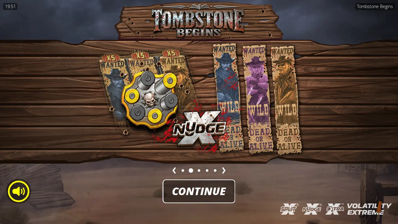 Tombstone Begins splash screen with a Revolver over x5 wanted posters and Wild posters
