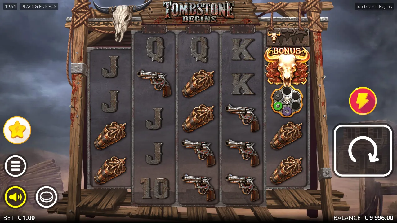 Tombstone Begins reels with a Bonus and a two-bullet Revolver on reel 5 and stacked pistols on reels 3 and 4