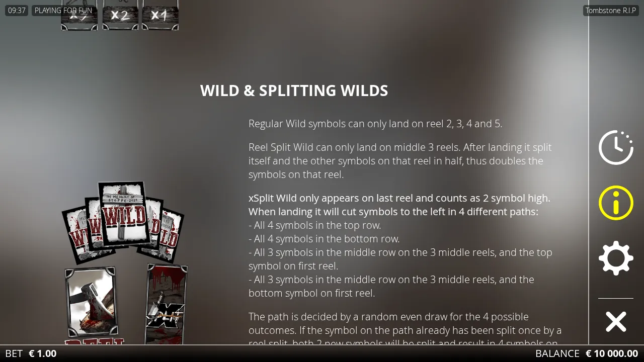 Tombstone R.I.P rules screen listing the regular Wild, Reel Split Wild and the xSplit Wild's four paths