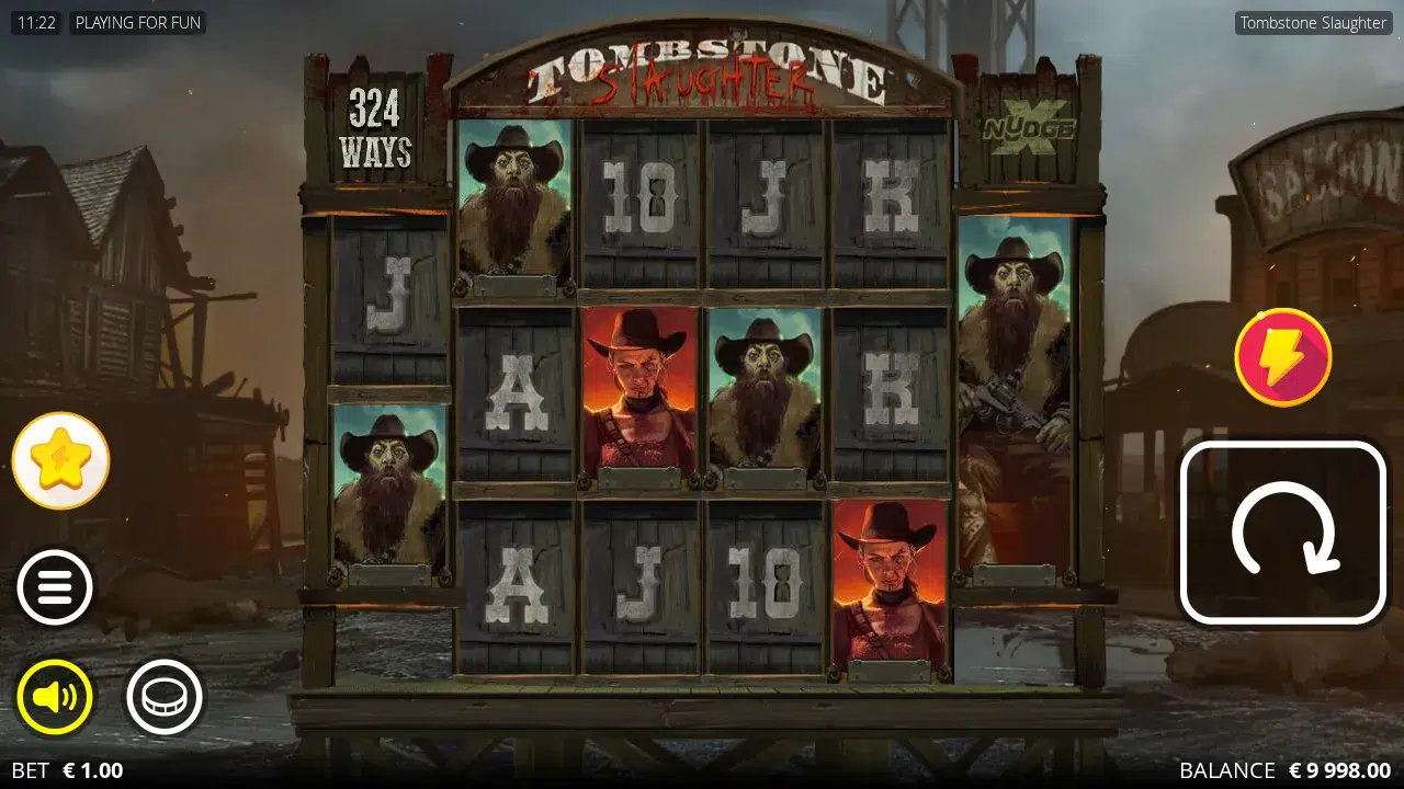 Tombstone Slaughter reels showing 324 ways with a full Character stack on the sixth reel