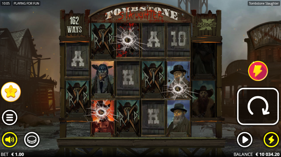 Tombstone Slaughter grid at 162 ways with bullet holes over reels 2, 3 and 5