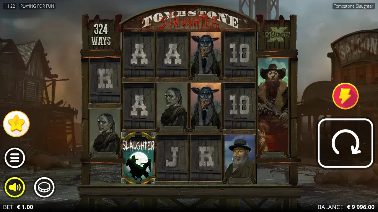 Tombstone Slaughter reels with a Slaughter Scatter on reel 2 and a full Character stack on reel 6