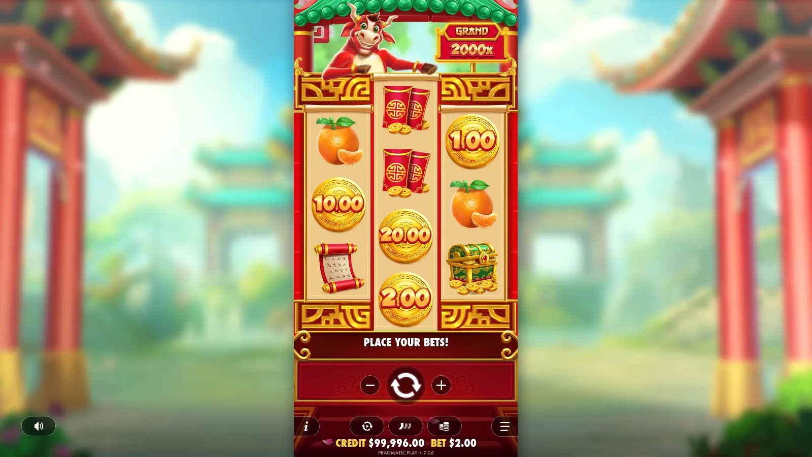 Touro Sortudo reels with four gold money coins on the 3-4-3 screen and the Grand 2000x plaque above