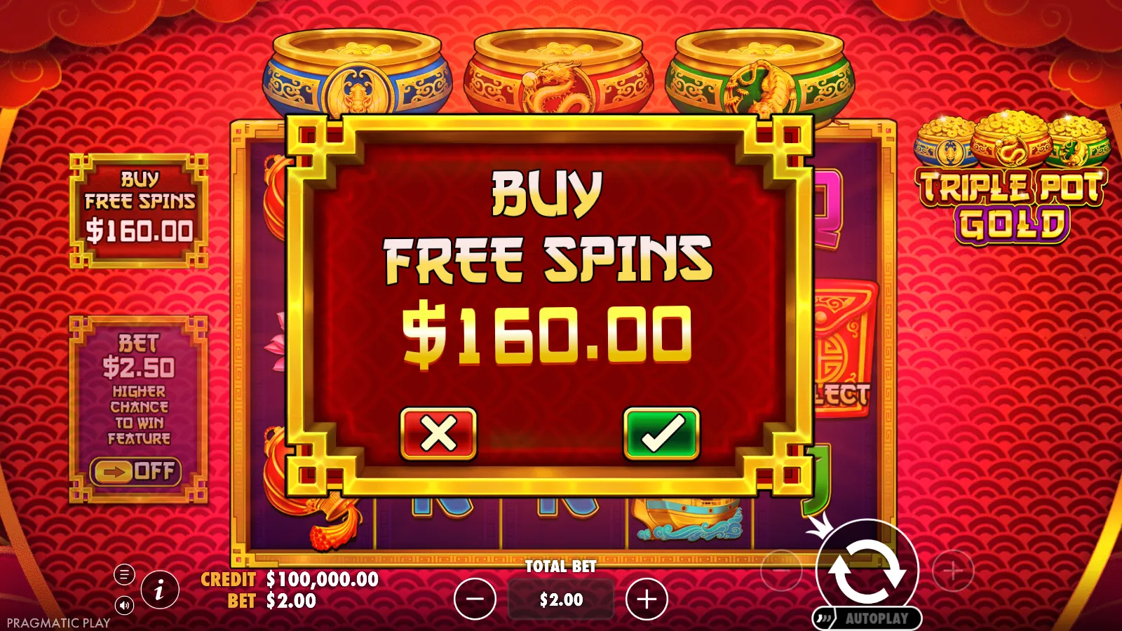 Triple Pot Gold Buy Free Spins confirmation dialog priced at $160.00 over the reels