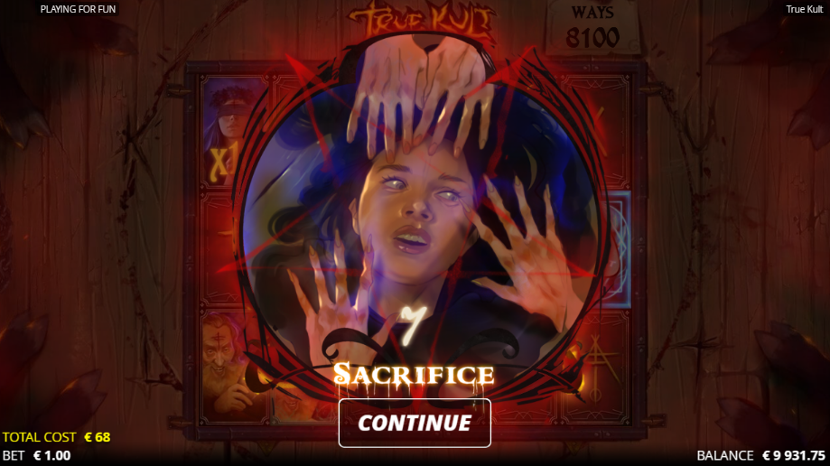 True Kult crossing into Sacrifice Spins at 7 spins, a possessed face ringed by reaching hands after a scatter lands on the open reel, at a 1.00 bet.