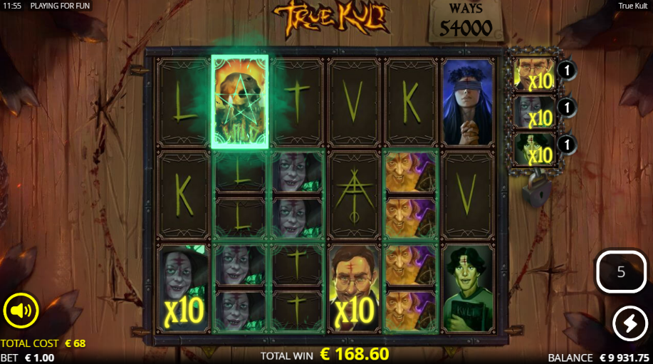 True Kult with x10 Tarot multipliers collected on the sixth-reel side and carried onto Devotees across the board, the ways count at 54000 for a 168.60 win at a 1.00 bet.