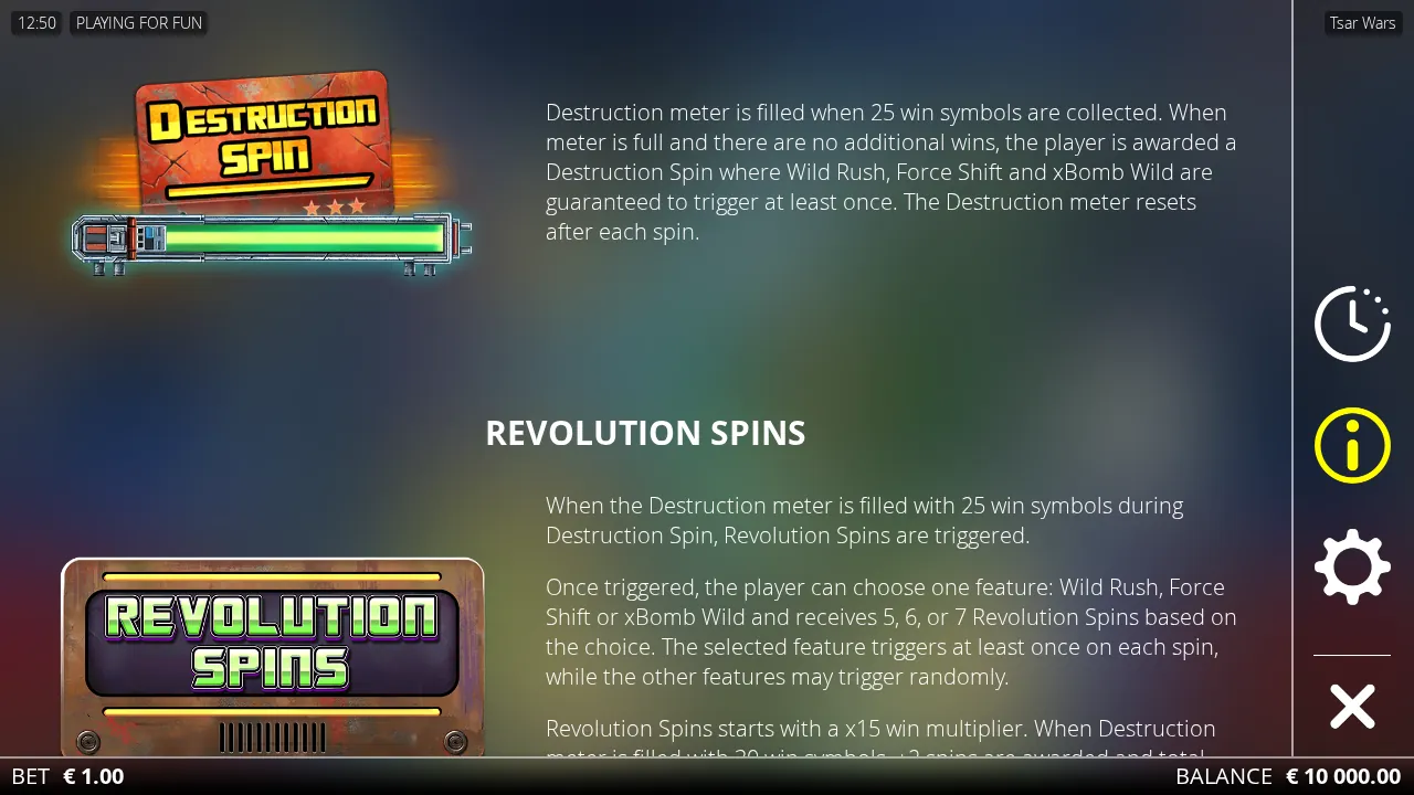 Tsar Wars help screen showing the Destruction Spin meter and the Revolution Spins rules