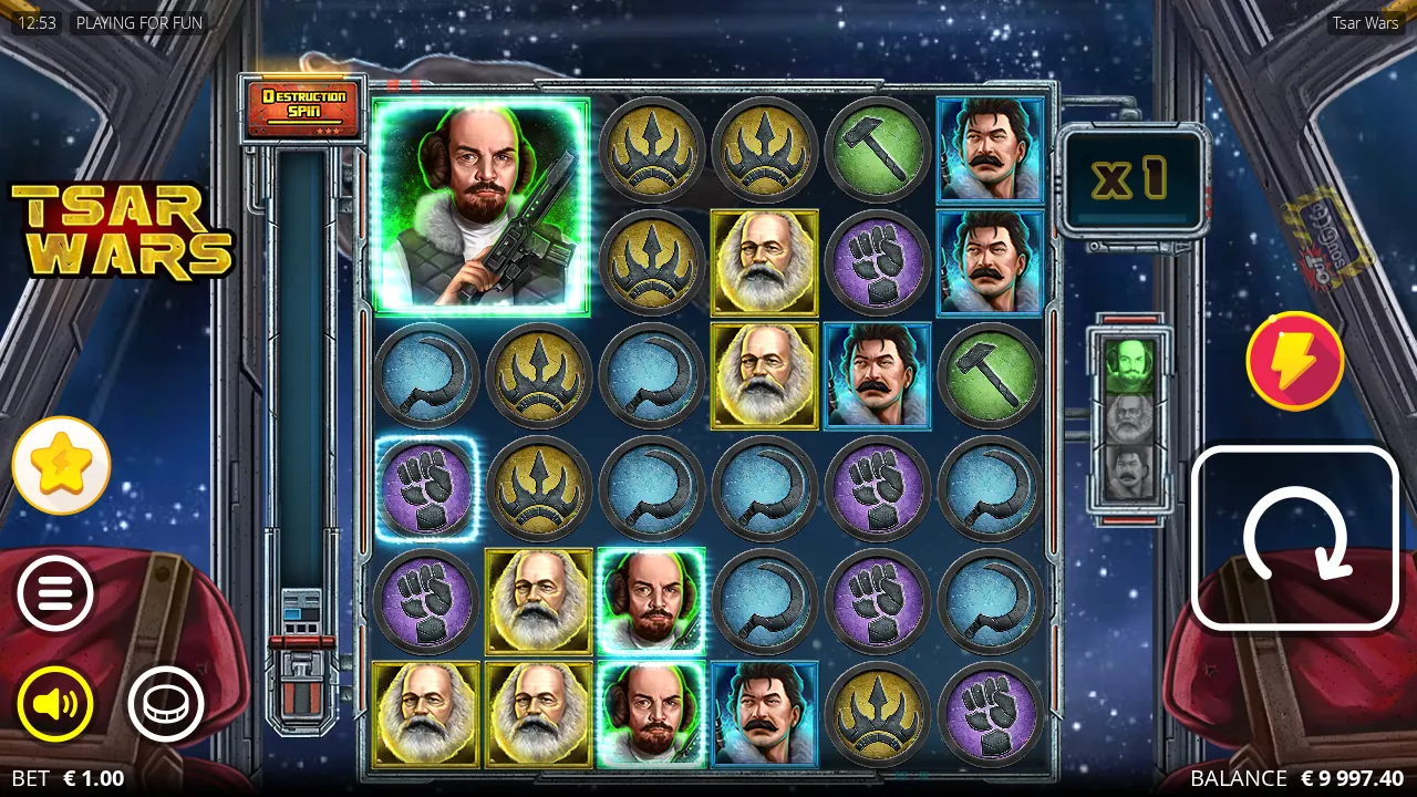 Tsar Wars 6x6 cluster grid with a Big Symbol character filling the top left corner and the multiplier panel reading x1