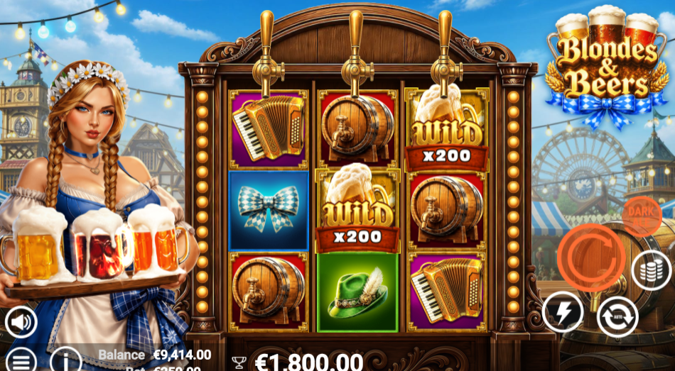 Two x200 wild glasses, one centre and one top right, above a win of €1,800.00