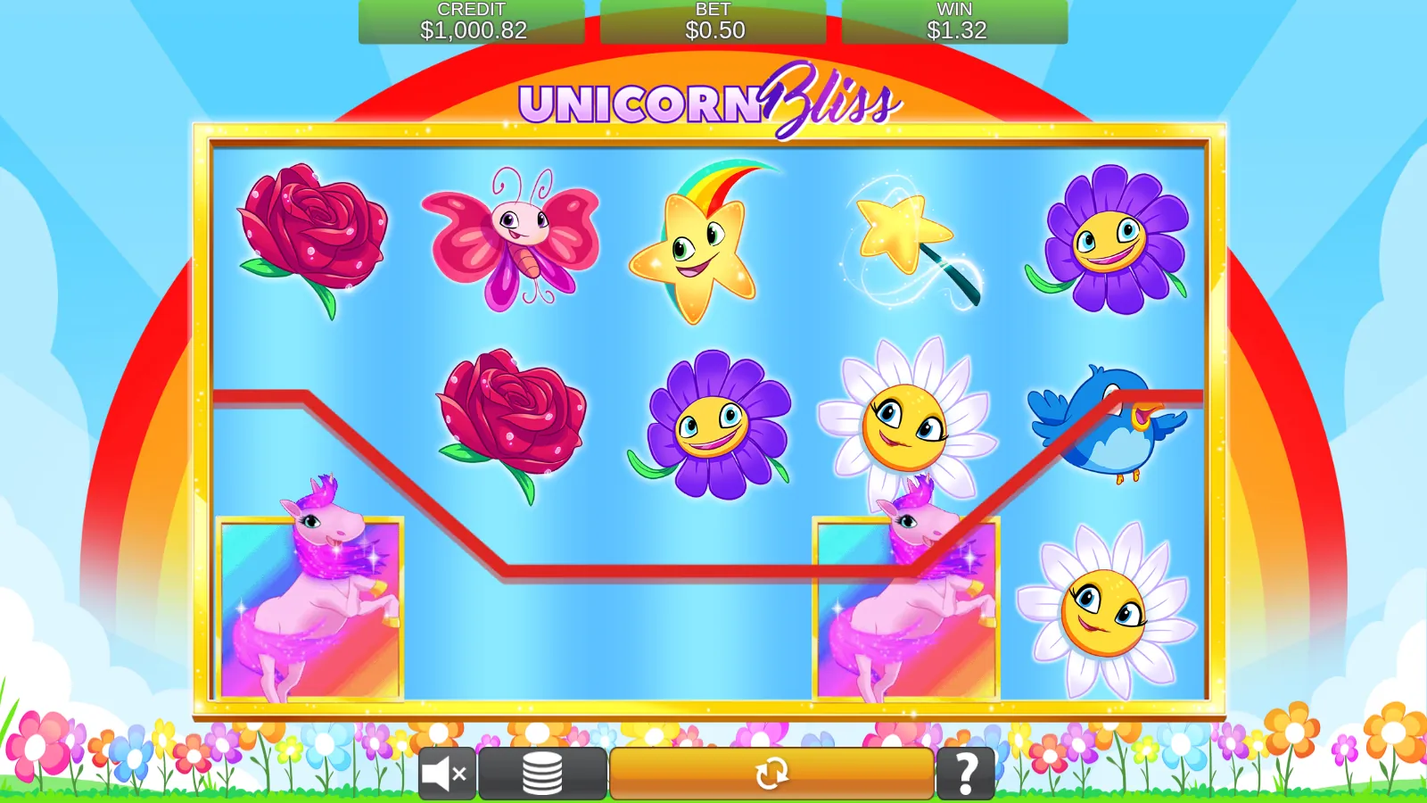 Unicorn Bliss reels with a red payline drawn across them and two Unicorn scatters showing