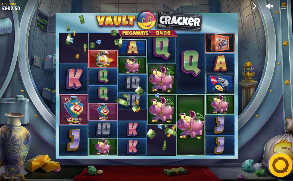 Winning symbols breaking into banknotes, coins and gems that fall down the reels as new symbols drop in.