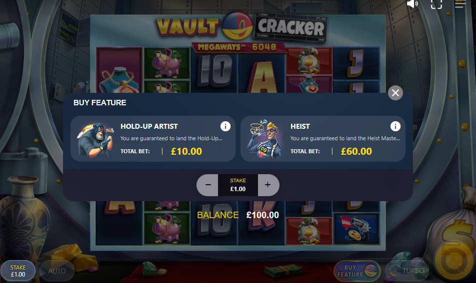 The Buy Feature menu showing Hold-Up Artist and Heist on a £1.00 stake.