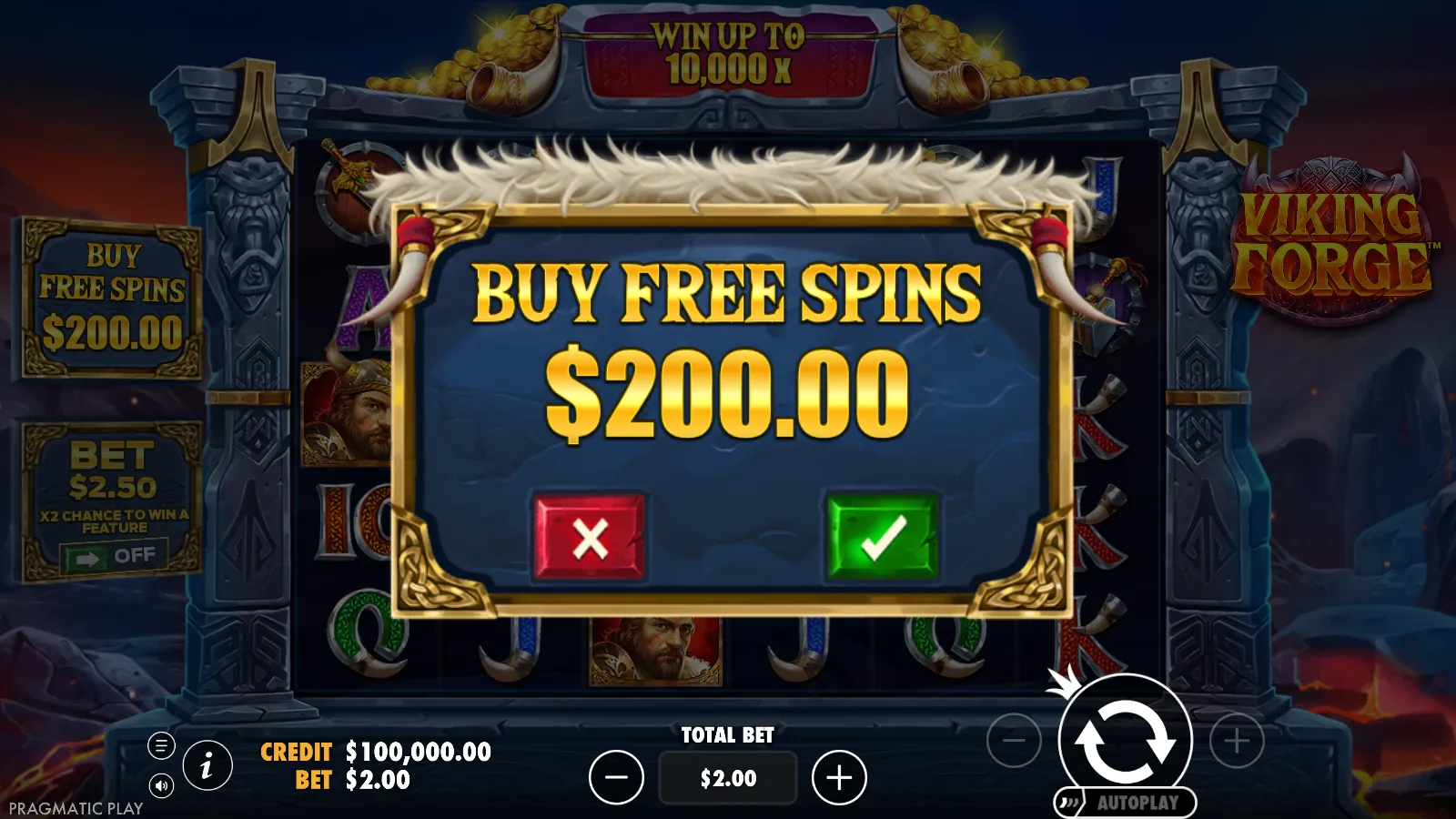 Viking Forge Buy Free Spins confirmation dialog priced at $200.00