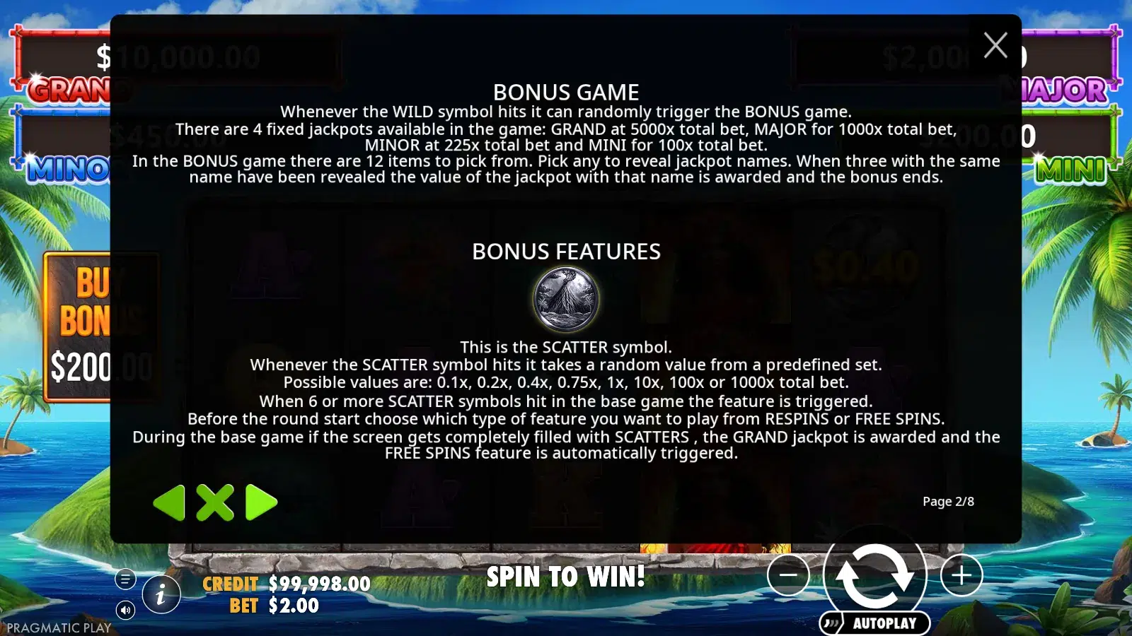 Volcano Goddess rules screen showing the scatter coin values and the respins or free spins choice
