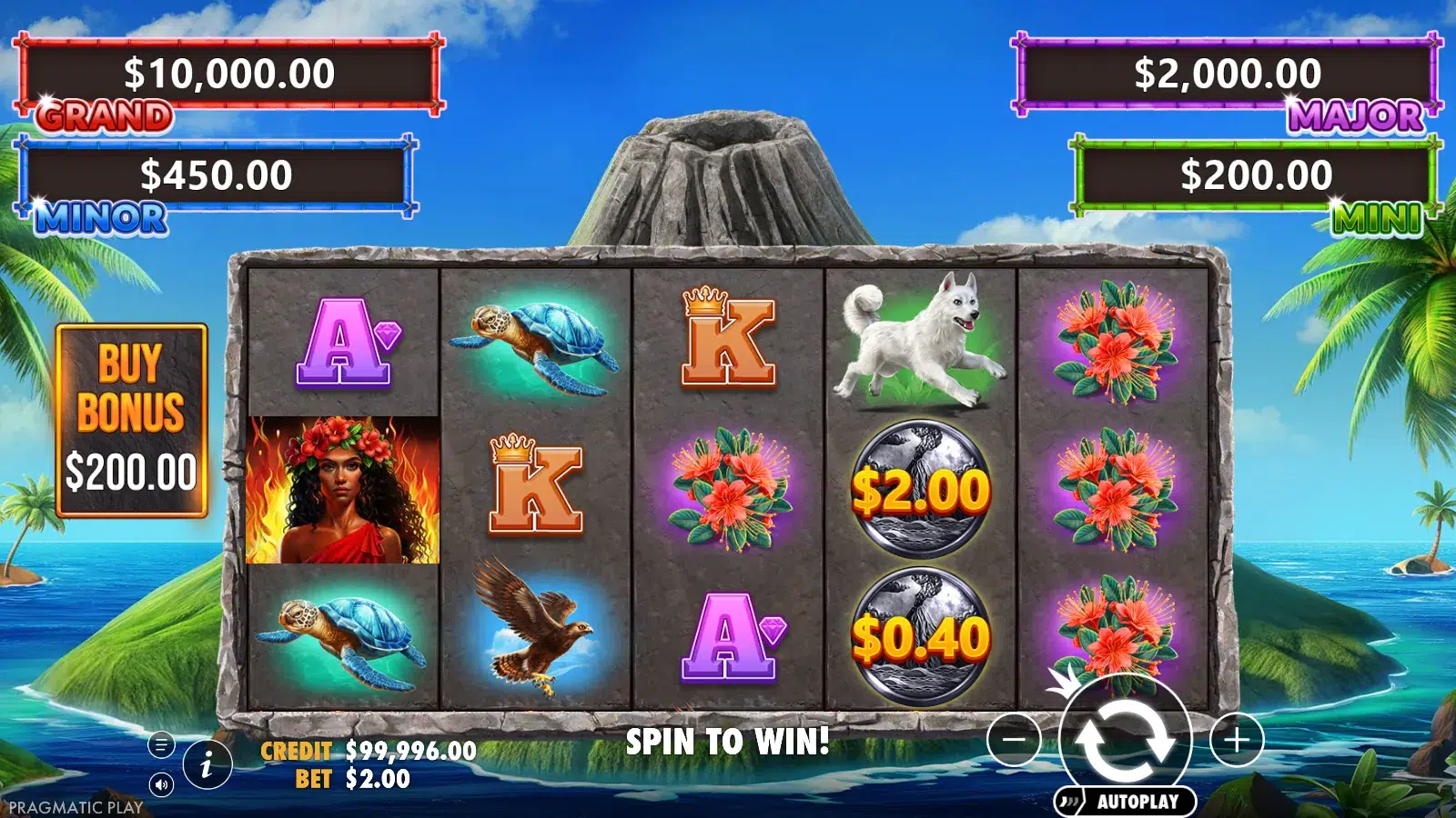 Volcano Goddess base reels with two volcano coins on reel 4 and the four jackpot plaques above the frame