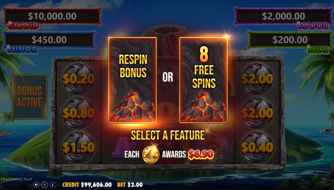 The respins-or-free-spins choice at the heart of Volcano Goddess, two volcano panels offering a 6-respin route or an 8-spin route before the round begins.