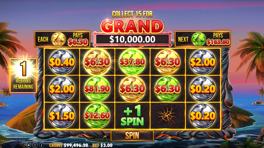Volcano Goddess respin round with coins locked across the grid