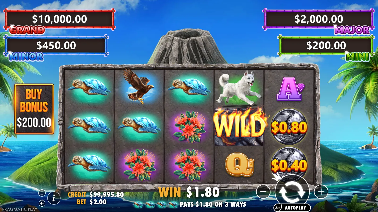 Volcano Goddess reels paying a turtle win across three ways with a wild on reel 4 and two volcano coins on reel 5