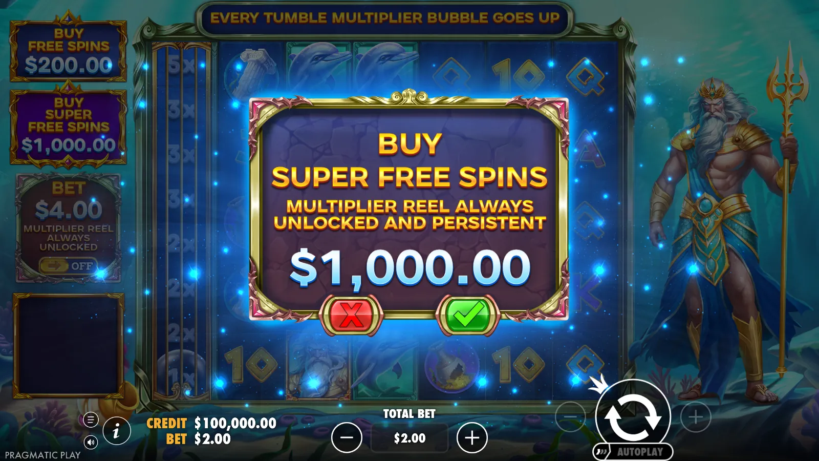 Waves of Poseidon Buy Super Free Spins confirmation dialog priced at $1,000.00