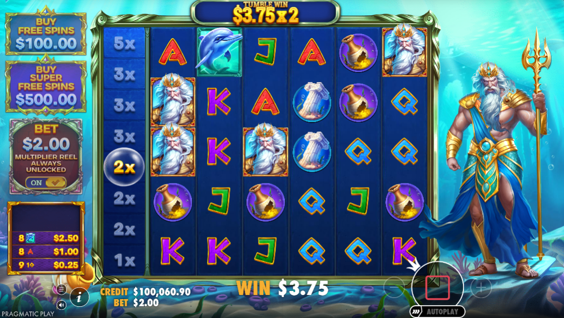 Waves of Poseidon with the ante bet on and the multiplier reel unlocked in the base game.