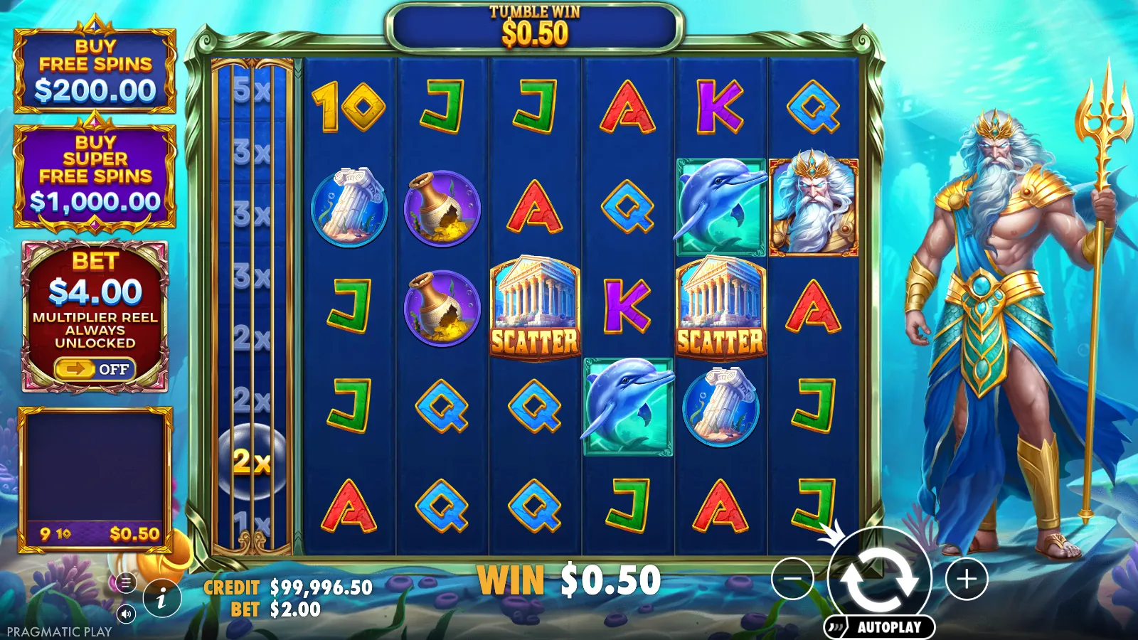 Waves of Poseidon reels refilled after a 0.50 tumble win, with the multiplier bubble lit at 2x and two scatters showing