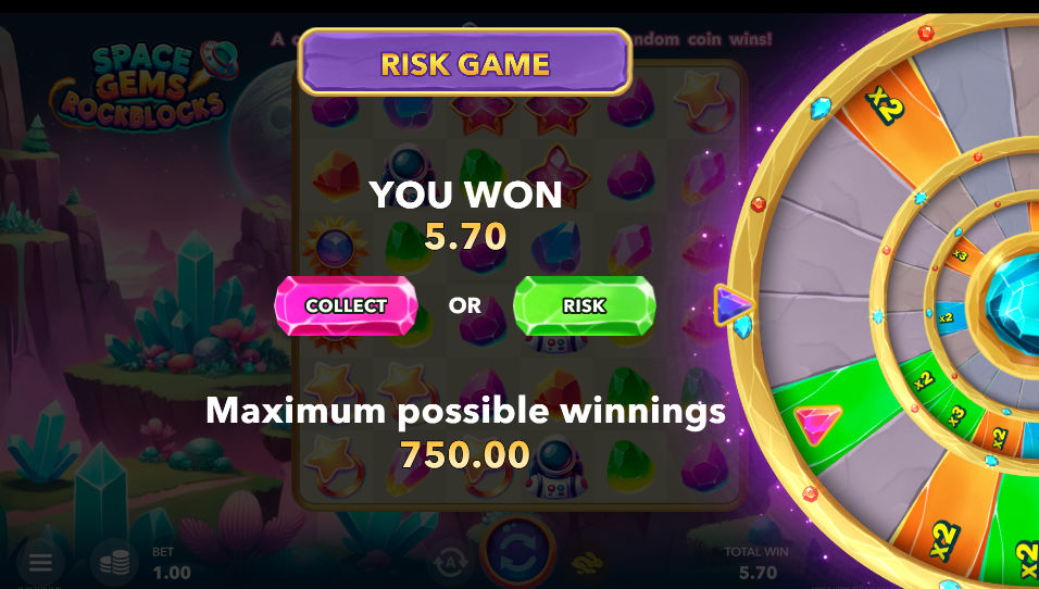 Risk Wheel with win amount, buttons to bank or push on, and multiplier rings